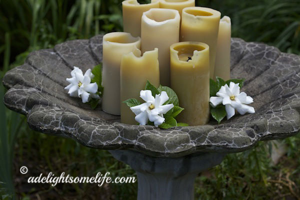 Romantic Garden Decor candles in birdbath