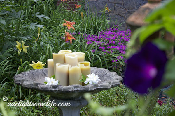 Romantic setting amidst flowers beeswax candles