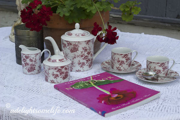 Toile Tea Set Geraniums and Carolyn Roehm book