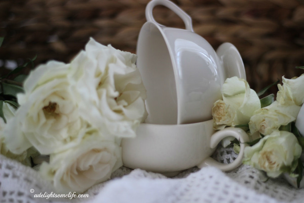 teacup in teacup with white roses