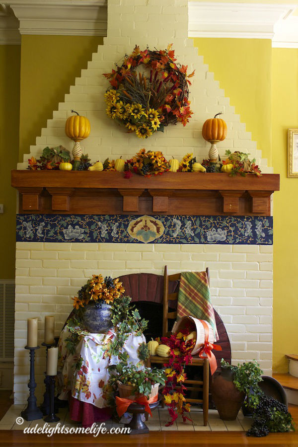 fireplace, mantel, trompe l'oeil, pumpkin, transferware urn, ladderback chair, leaves, autumn, interior decor, olive urn, Southern Living at Home, Gail Pittman, Provence
