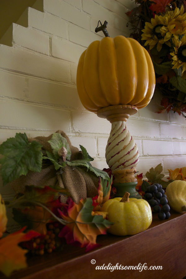 burlap pumpkin, DIY, faux pumpkin, candlestick, autumn decor, mantel, Gail Pittman candlestick Provence