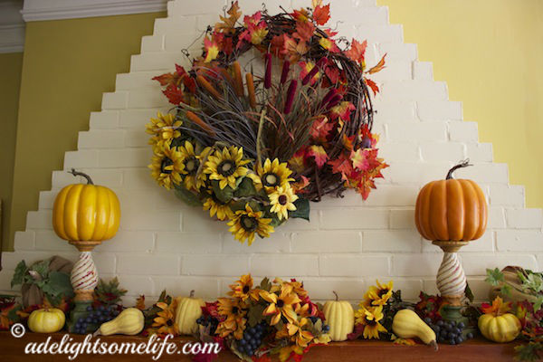 autumn wreath, faux flowers, pumpkin topiary, Southern Living at Home, Gail Pittman, sunflowers, candlestick