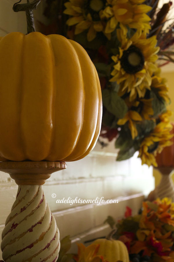 autumn mantel, sunflower wreath, pumpkin, Southern Living at Home, Gail Pittman, Provence, candlestick, seasonal decor