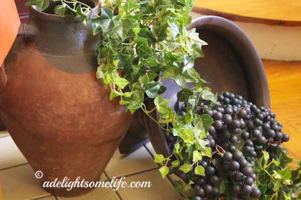 Italian olive jar, provence, grapes, harvest, autumn decor, bronze, mantel, 