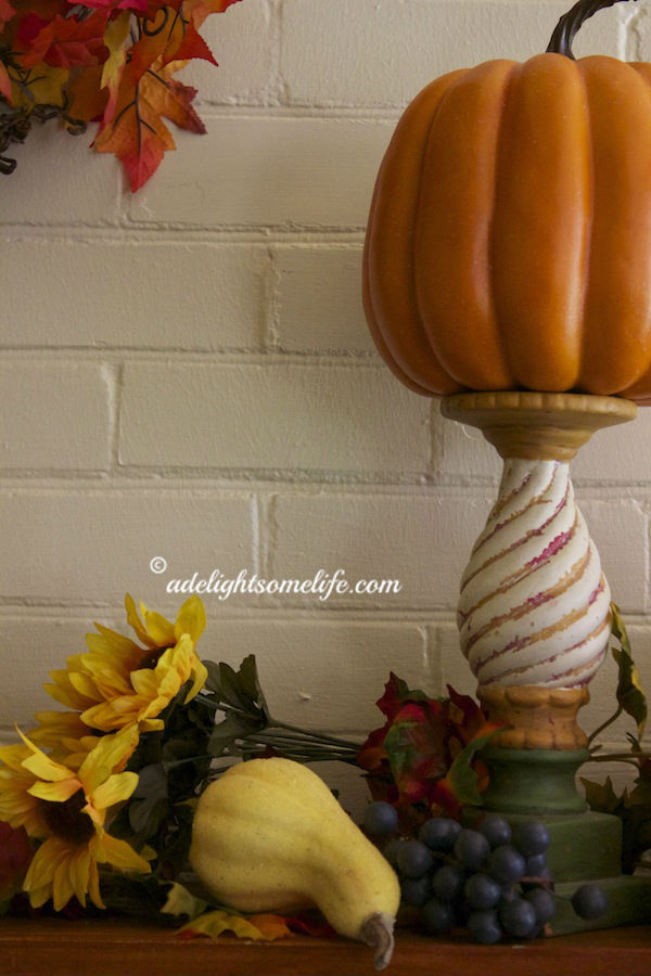 Southern Living at Home, candlestick, pumpkin, Gail Pittman, Provence, silk flower, leaves, gourd, mantel, autumn