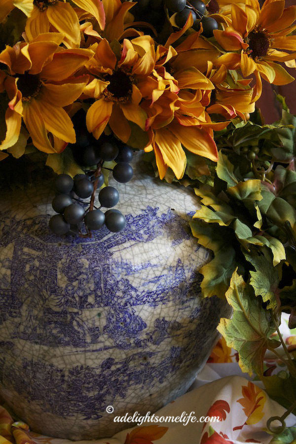 French urn, blue transferware, patina, sunflowers, blackeye susans, autumn decor, mantel