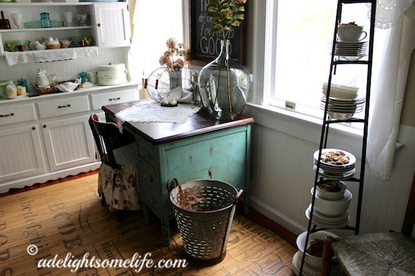 French Cottage farm style kitchen demijohn olive bucket