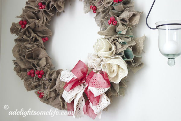 Burlap Wreath Bow red and crochet ribbon