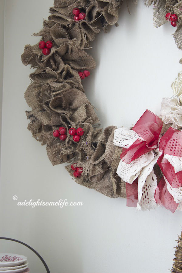 Burlap wreath red and white bow red jingle bells