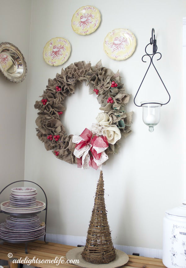French Farmhouse Kitchen vignette burlap Christmas wreath grapevine tree