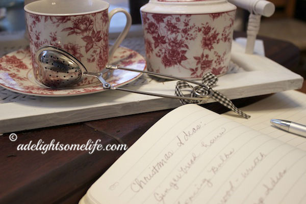 christmas ideas notebook transferware teacup tea strainer white wicker tray