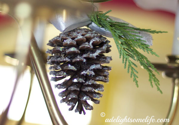 glittered pinecone ribbon and evergreen