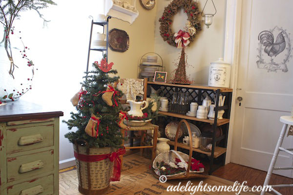 Christmas Kitchen French  Farmhouse Country olive bucket tree burlap wreath white pitcher