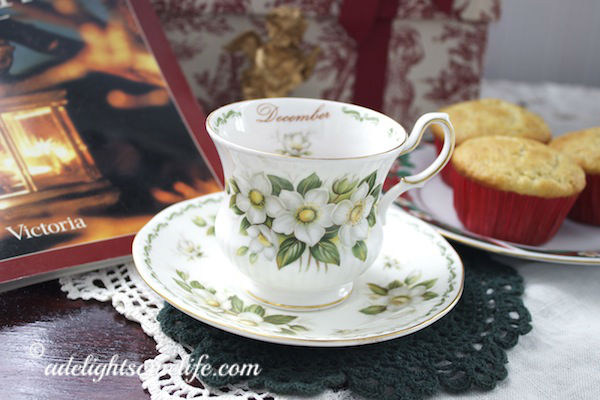 Queen's December teacup set The Heart of Christmas Victoria Magazine banana muffins