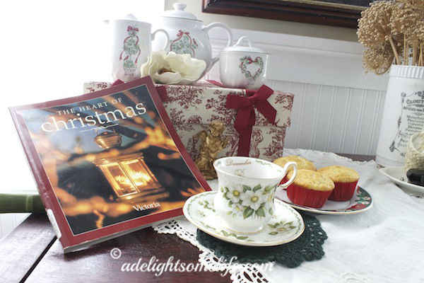 The Heart of Christmas Victoria Magazine Queen's December teacup set banana muffins