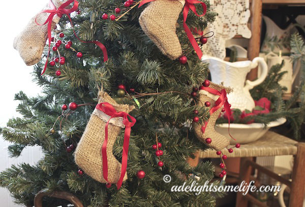 burlap stockings small tree olive bucket French Farmhouse Country kitchen