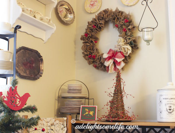 burlap wreath grapevine tree berries French Country Kitchen Christmas