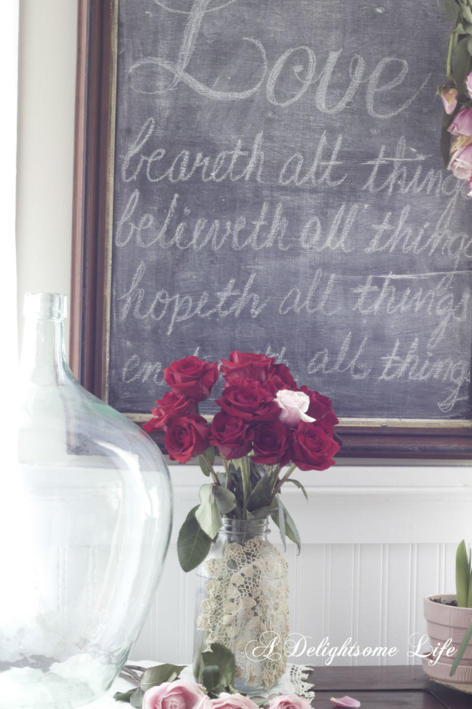 red roses on desk in kitchen French Farmhouse chalkboard valentines message