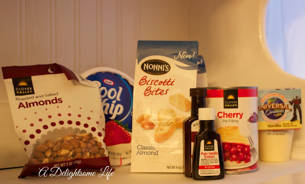 A DELIGHTSOME LIFE ingredients for Cherry Almond Trifle from Dollar Store