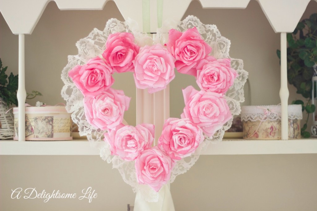coffee filter rose heart-shaped wreath, diy valentine craft idea, valentine decor, romantic cottage, garden cottage
