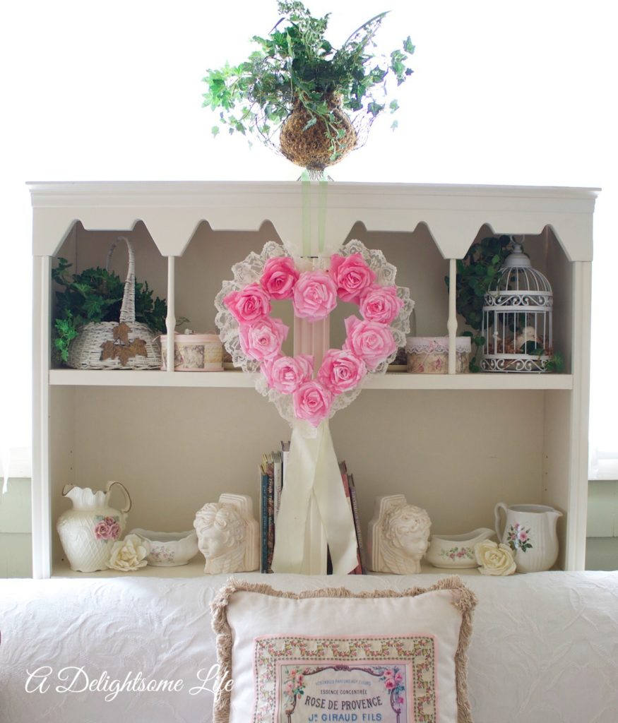 coffee filter rose heart shaped wreath, valentine craft, valentine decor, romantic cottage, garden cottage, chalk paint, romantic decor