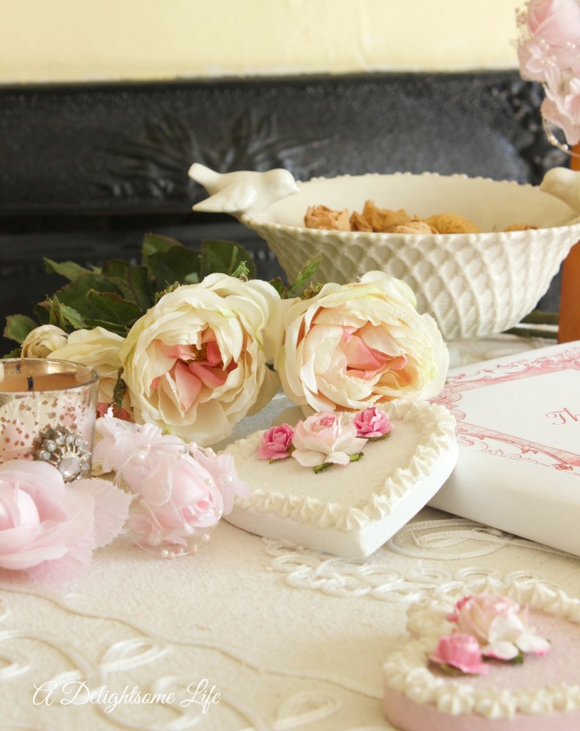 silk roses, heart decor, valentines decor, romantic bird bowl, cottage decor, master bedroom valentine decor