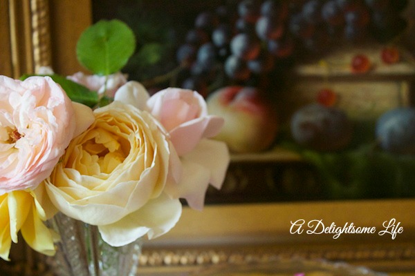 A DELIGHTSOME LIFE PINK AND YELLOW ROSE BOUQUET STILL LIFE PAINTING
