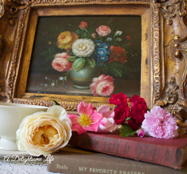 A DELIGHTSOME LIFE ROSE PAINTING ROSES WHITE TEACUP BOOKS
