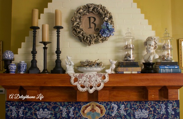 summer mantel, monogram wreath, living room, DIY, blue hydrangea