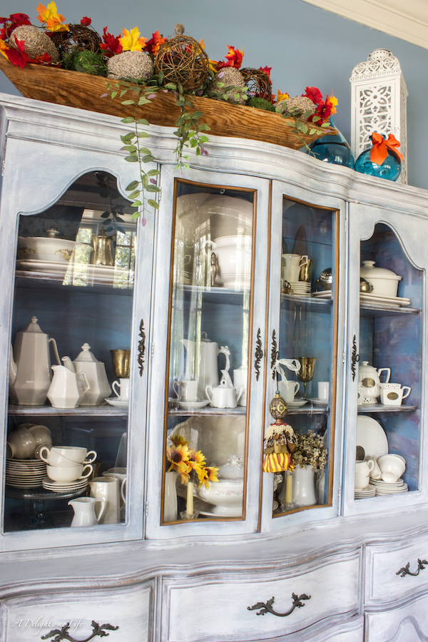 White Tea Set-blue china cabinet decorated for fall. A Delightsome Life