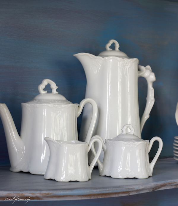 White Tea Set, chocolate pot-with creamer and sugar. A Delightsome Life
