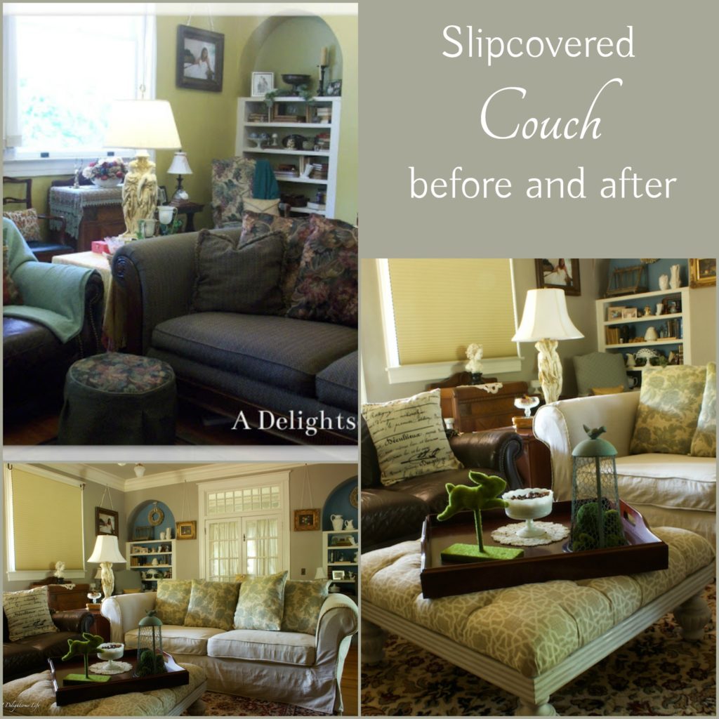 slipcovered couch before and after