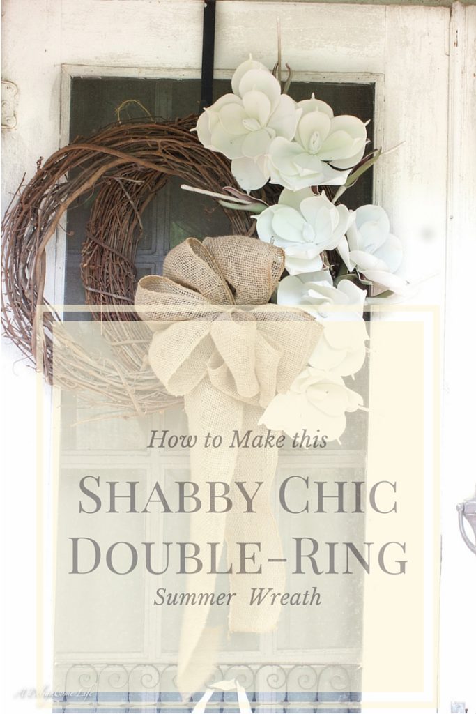 It's wedding season and I was inspired by the double-ring pattern to make this shabby chic, neutral door wreath with all-white magnolias. Check out how easy this is to make!