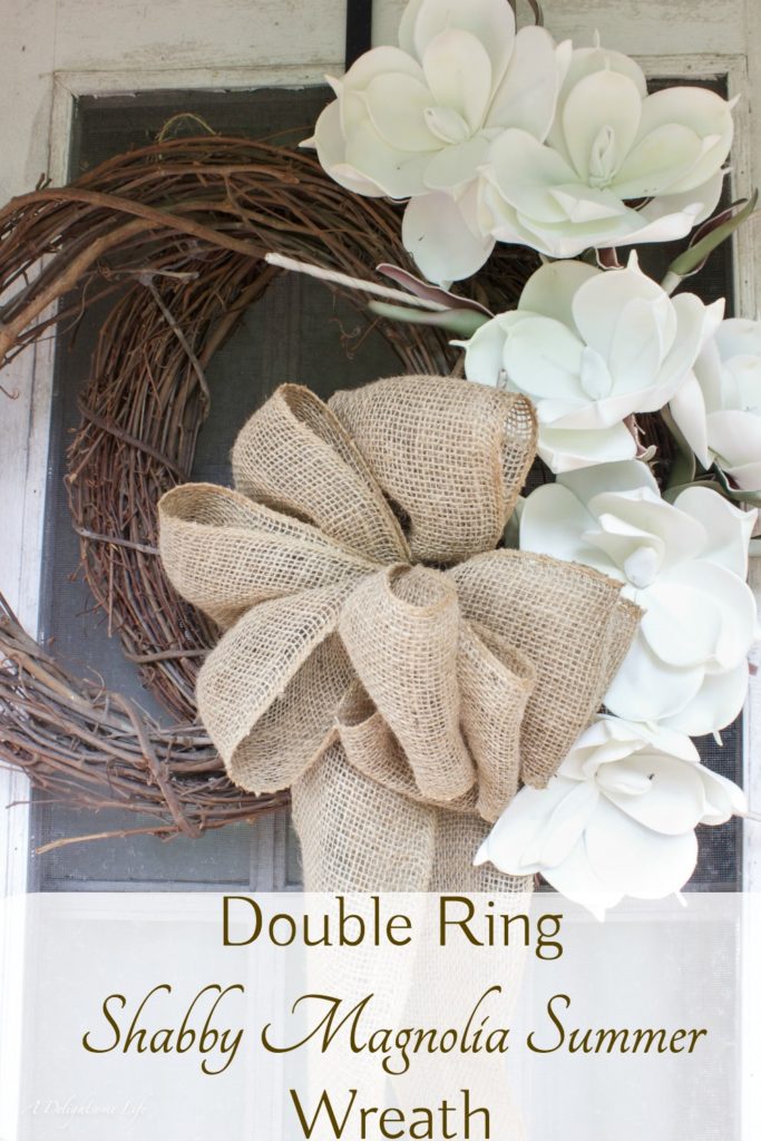 Summer Door Wreath Idea; I made this double ring shabby summer wreath with white magnolias and burlap bow