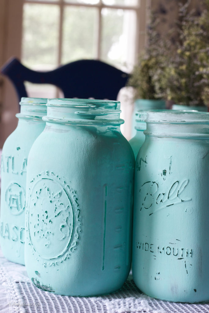 Chalk Painted Canning Jars are so lovely! Our daughter wanted them for her wedding  - we painted over 50! I share just how we did it and some wedding pictures