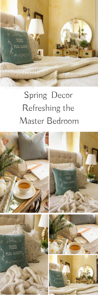 Spring decorating refresing the Master bedroom on A Delightsome Life #springdecor #masterbedroom #blueandwhite