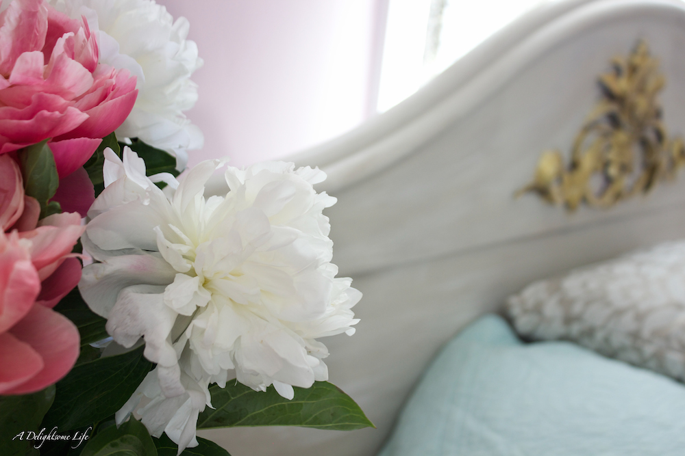 The beauty of fresh flowers in a room...this is a guest bedroom reveal for One Room Challenge