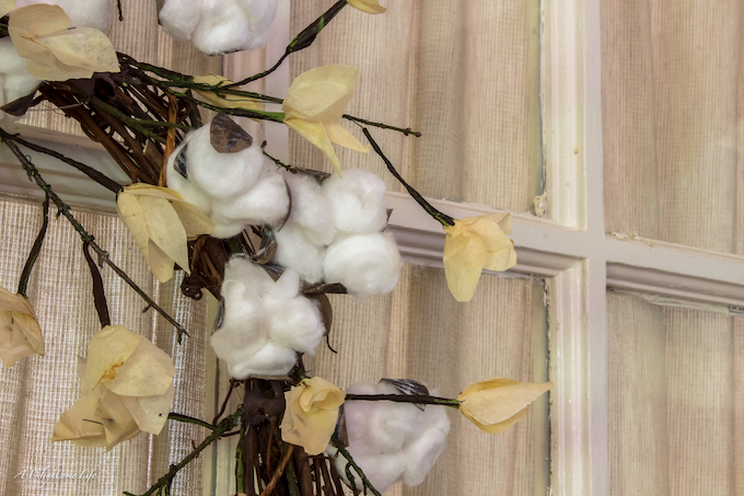 up close view of faux Cotton Boll wreath tutorial at A Delightsome Life