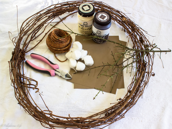 what you'll need to make a faux cotton boll wreath