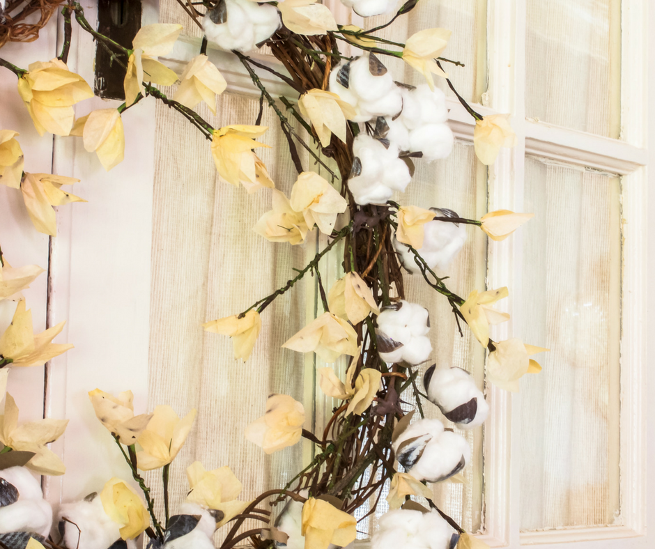 a step-by-step tutorial on how to make a Cotton Boll Wreath for autumn