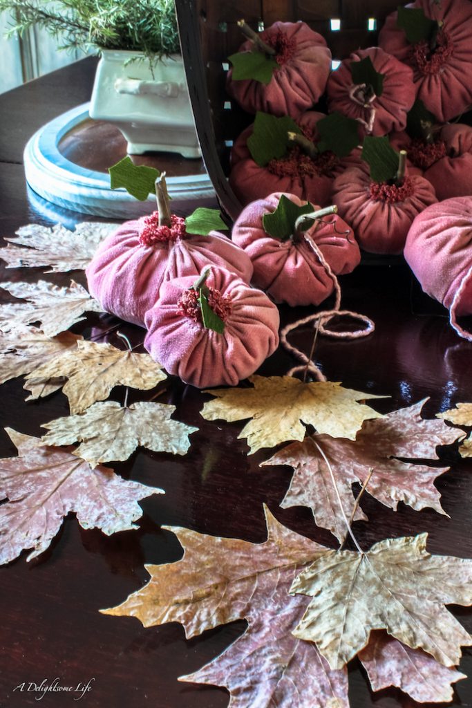 Pink velvet pumpkins DIY project at A Delightsome Life