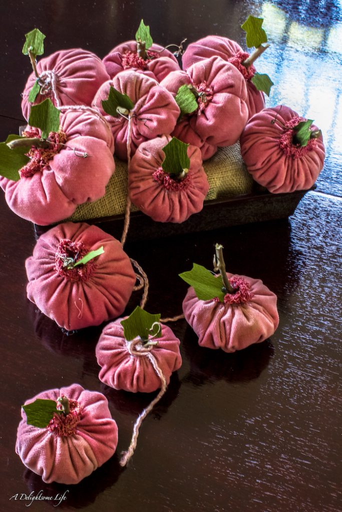 Pink Velvet Pumpkins from upcycled fabric for fall decor at A Delightsome Life