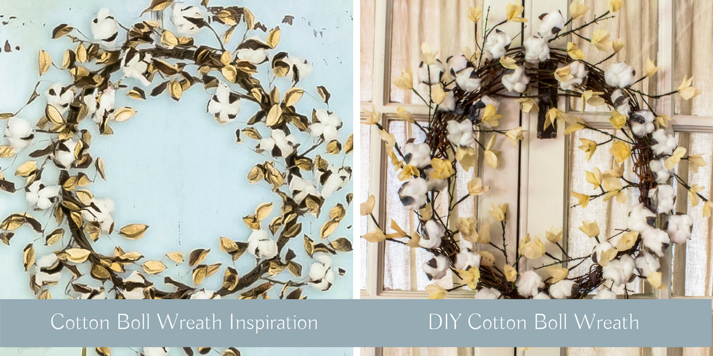 side by side comparison of inspiration wreath with DIY Cotton Boll wreath by A Delightsome Life