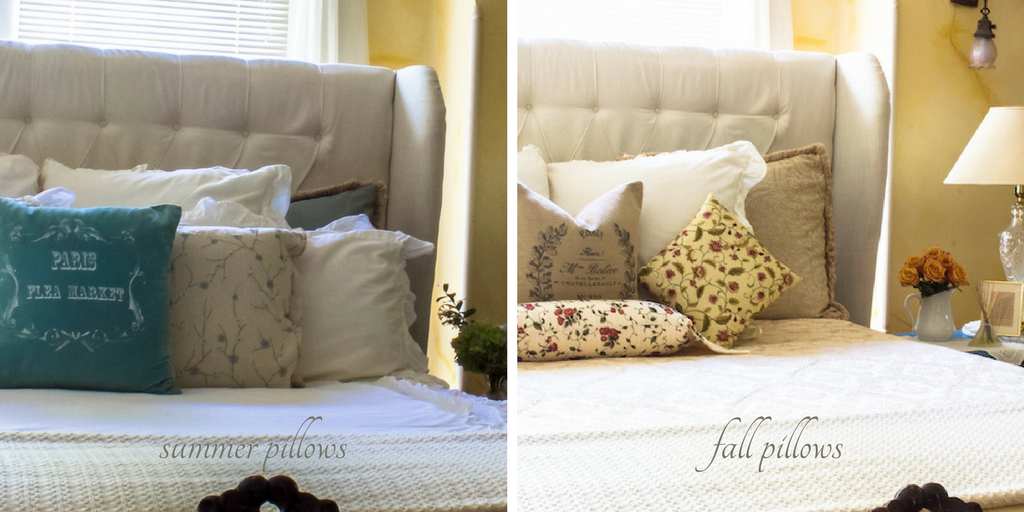 summer to fall Master bedroom transformation - pillows at A Delightsome Life