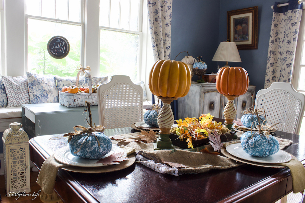 fall decor in the dining room includes DIY and dollar store pumpkins at A Delightsome Life