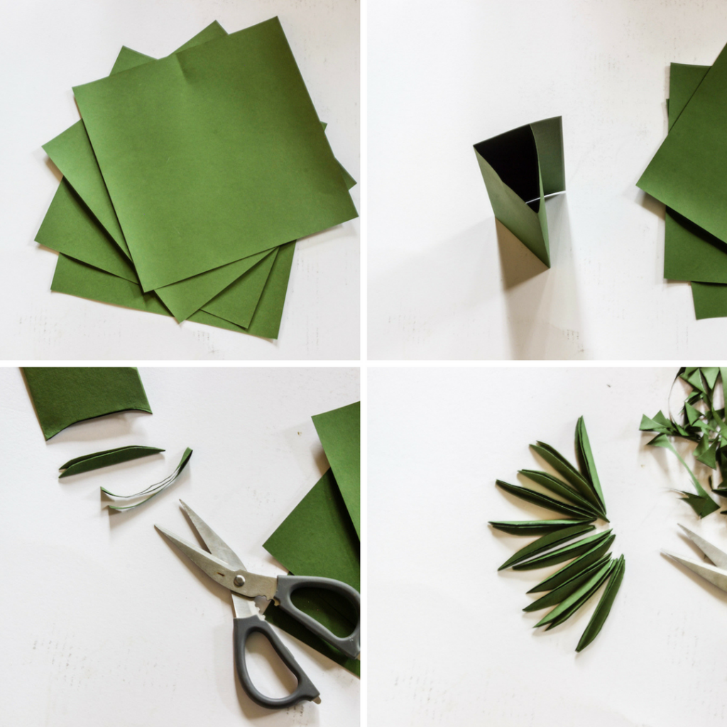 cutting paper for faux olive branch leaves on A Delightsome Life