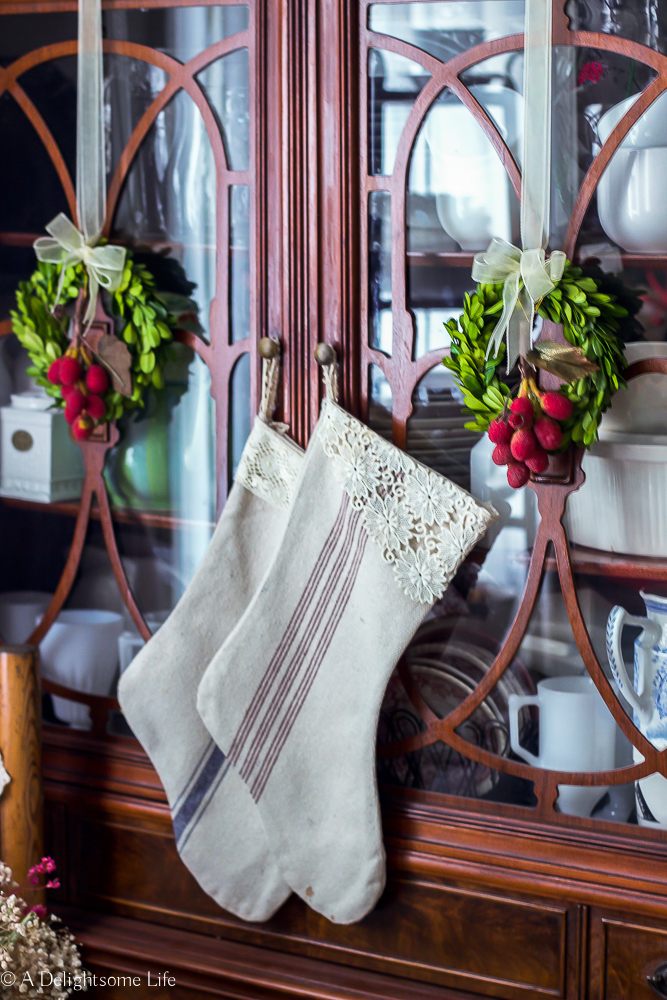 French grain sack Christmas stockings Farmhouse kitchen decor on A Delightsome Life