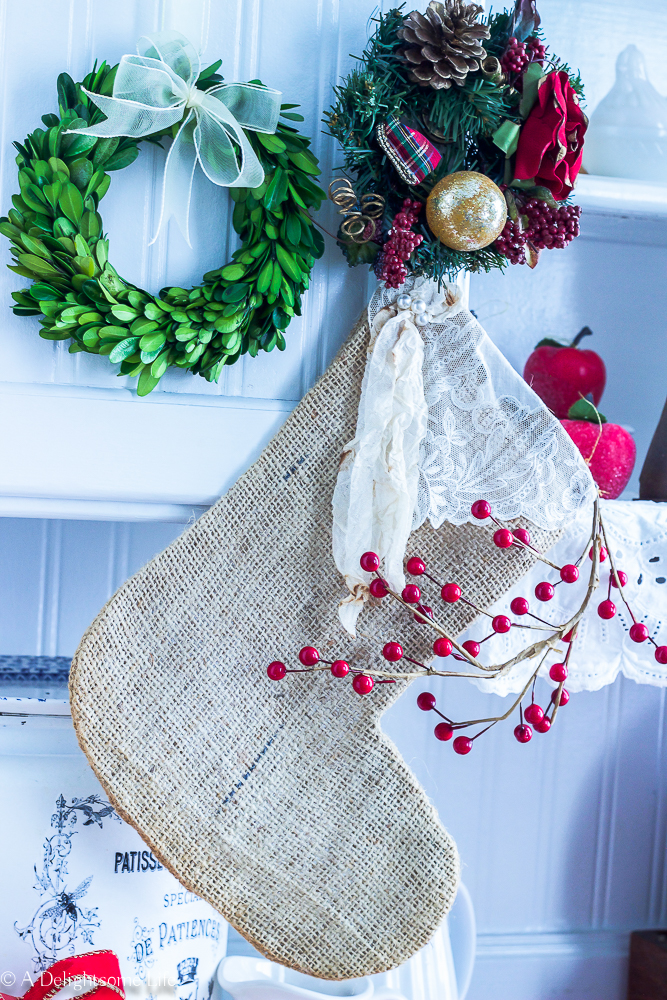French Farmhouse styled Christmas decor in the kitchen with burlap stockings on A Delightsome Life