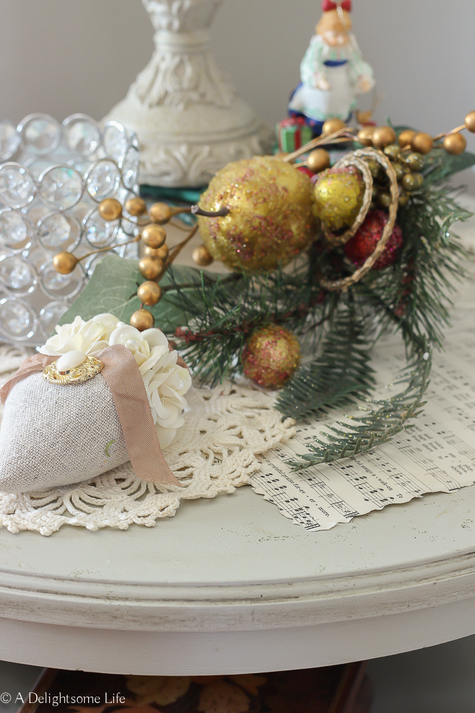sweet Christmas vignette on Tabletop in living room on A Delightsome Life